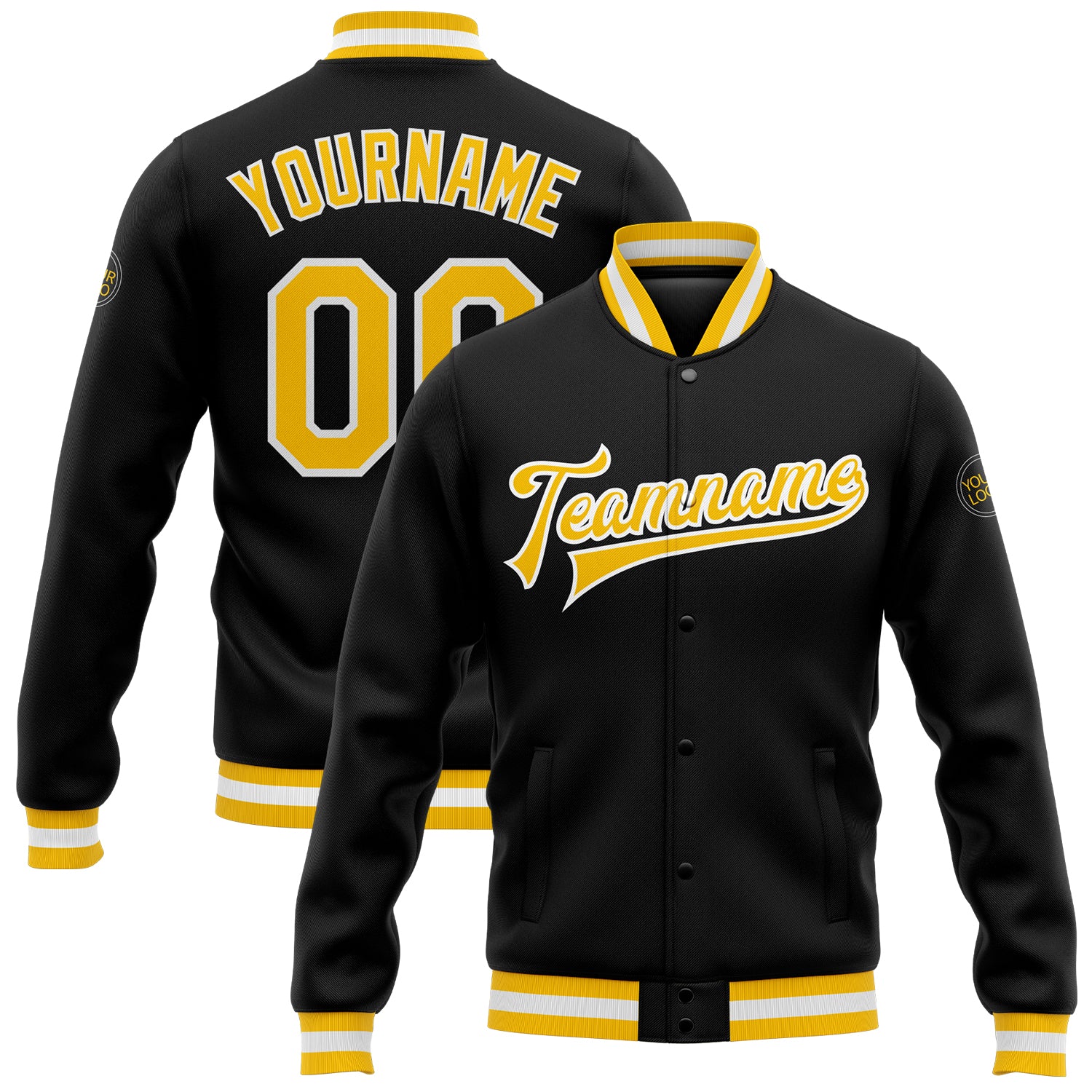 Custom Black Gold White Varsity Letterman Jacket Full-Snap Bomber Style 5231 Custom Black Gold-White Bomber Full-Snap Varsity
