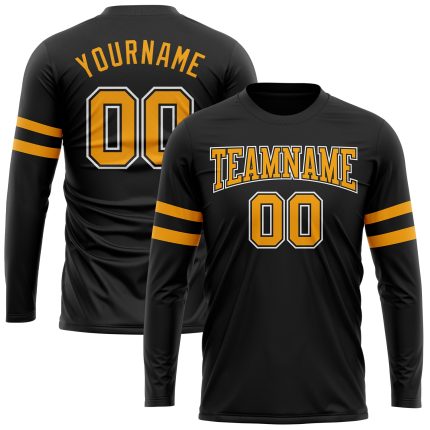 Black Long Sleeve Performance T-Shirt in Custom Gold and White Design Custom Black Gold-White Long Sleeve Performance T-Shirt