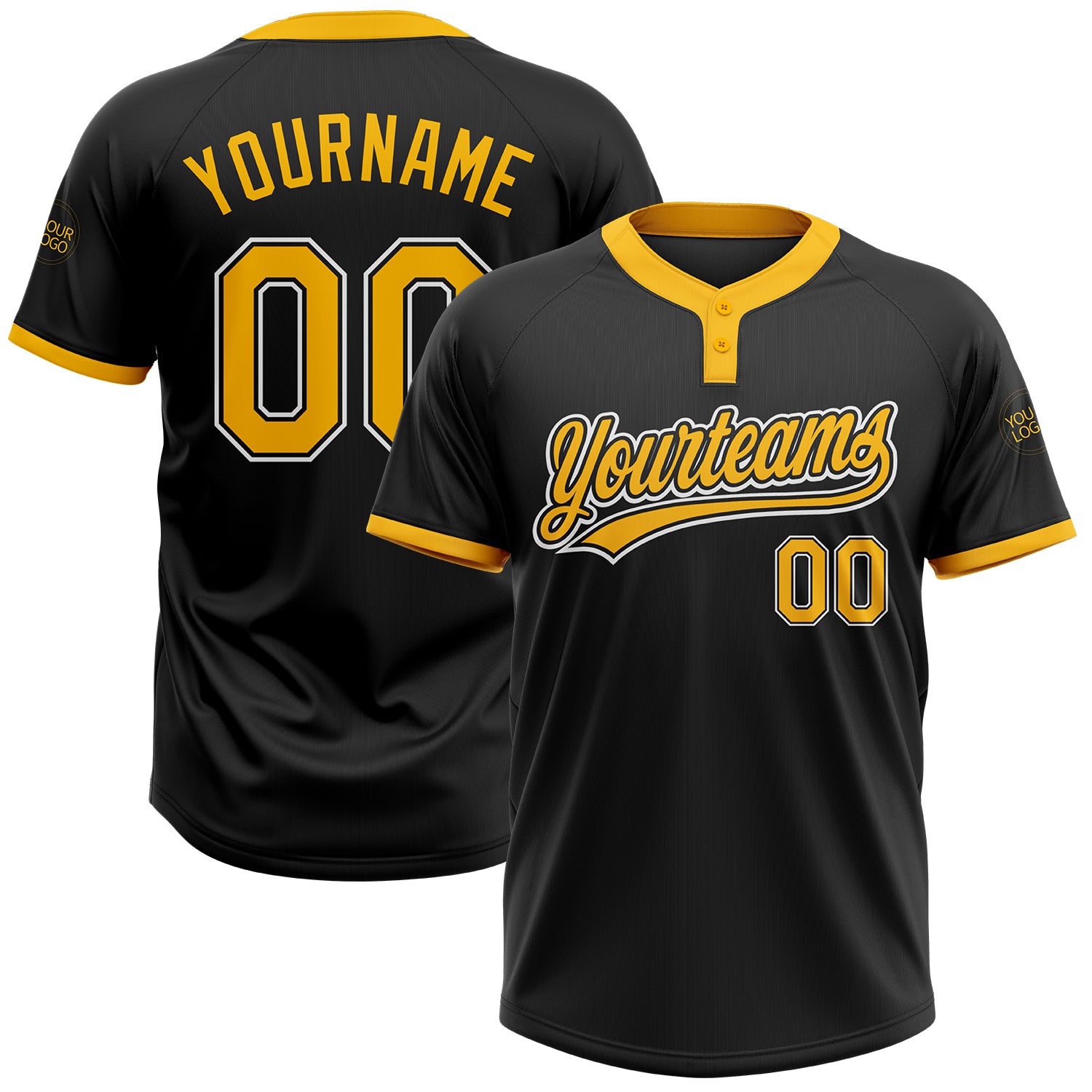 Custom Black Gold-White Two-Button Unisex Softball Jersey Custom Unisex Softball Jersey Black and Gold Two-Button Design - Comfortable Fit Custom Black Gold-White Two-Button Unisex