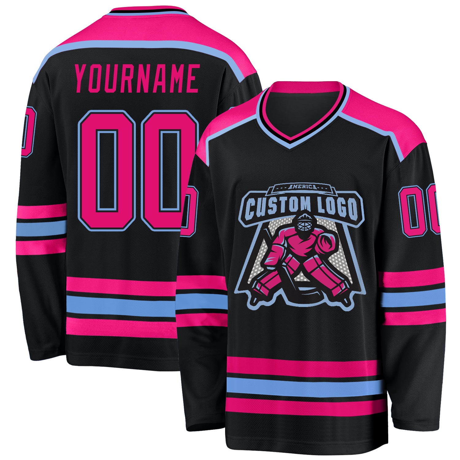 Custom Black Hot Pink-Light Blue Hockey Jersey Custom Black Hockey Jersey with Hot Pink and Light Blue Accents - Personalized Team Apparel Custom Black Hot Pink-Light Blue