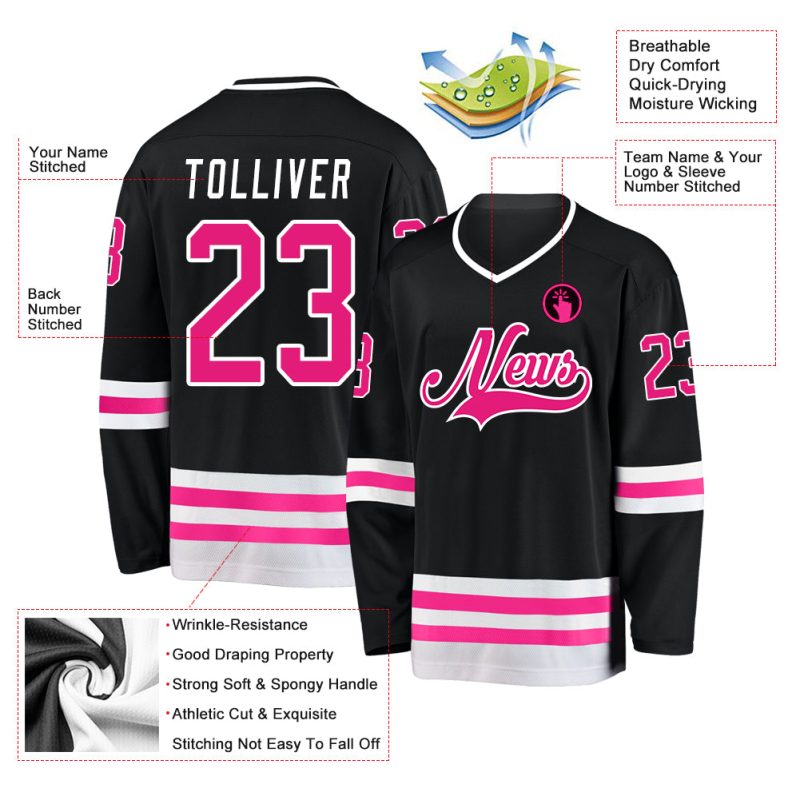 Custom Black Hot Pink Hockey Jersey, Style 4130 - Personalized Design for Team Sports Custom Black Hot Pink-White Hockey