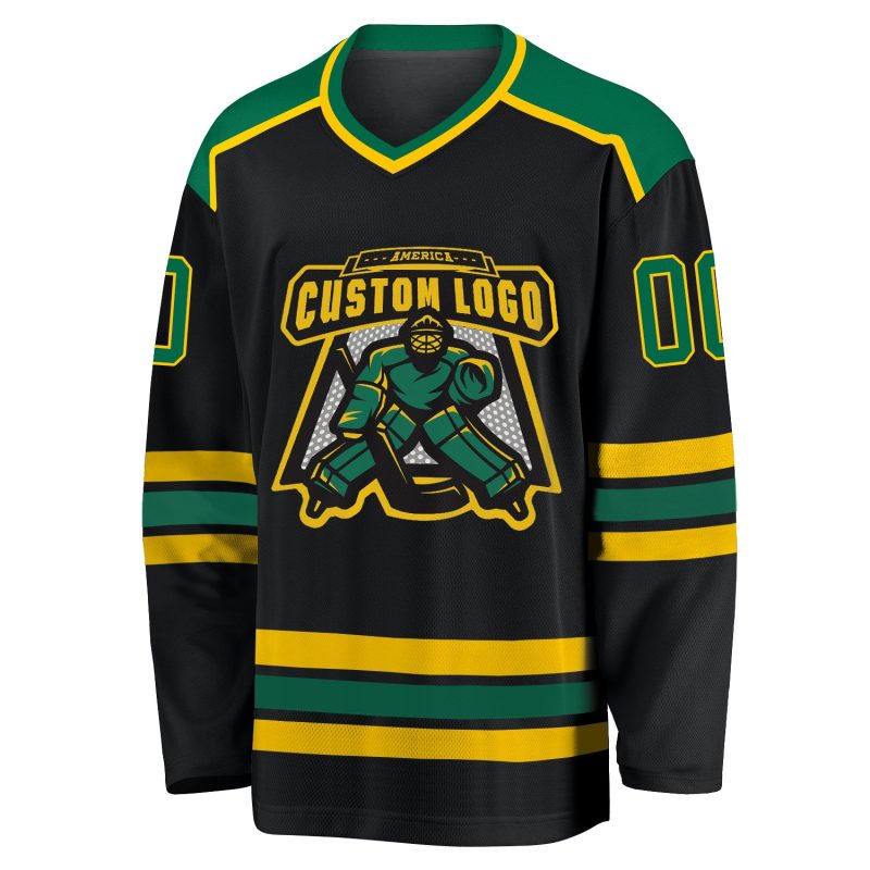 Custom black, kelly green and gold hockey jersey, back view