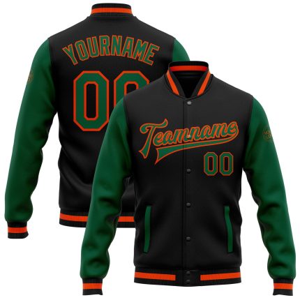 Custom Black Kelly Green Orange Bomber Jacket Full-Snap Varsity Letterman Two Tone Custom Black Kelly Green-Orange Bomber