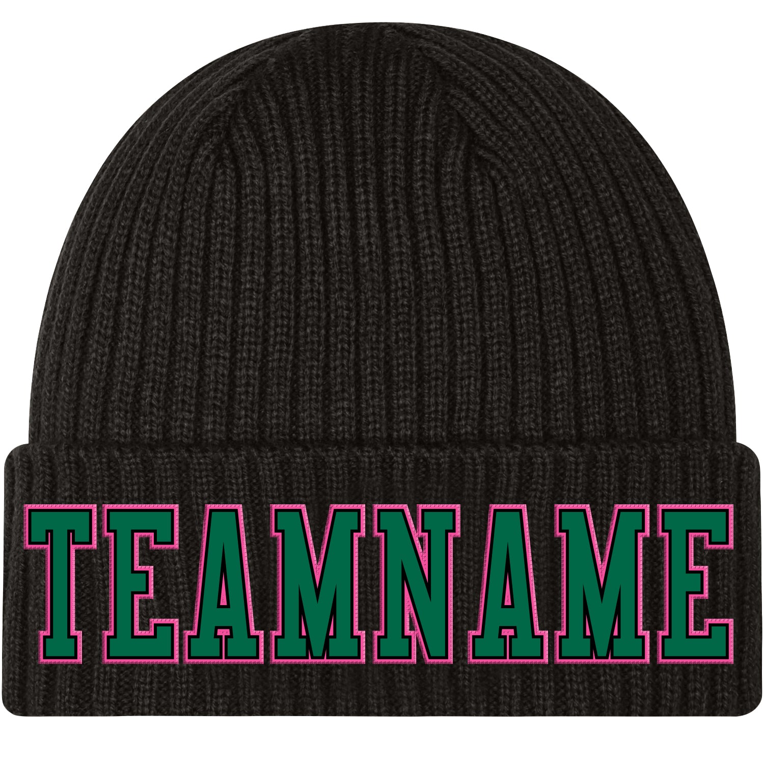 Custom Cuffed Knit Hat Black with Kelly Green and Pink Stitching Custom Black Kelly Green-Pink Stitched Cuffed Knit Hat