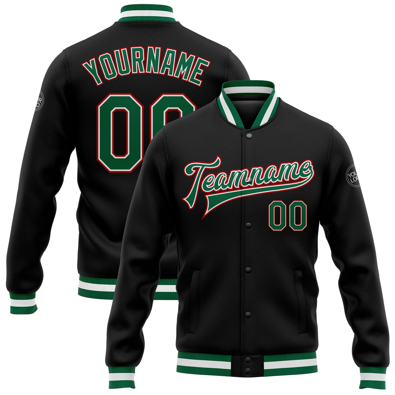 Custom Black Bomber Varsity Letterman Jacket in Kelly Green and Red Full-Snap Design Custom Black Kelly Green-Red Bomber