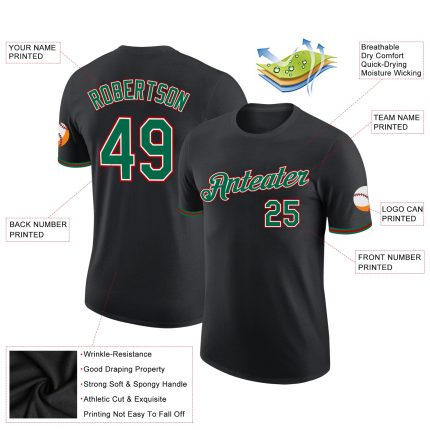 Custom Performance T-Shirt in Black with Kelly Green and Red Accents Custom Black Kelly Green-Red Performance T-Shirt