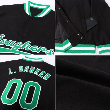 Custom Black Green White Varsity Letterman Jacket Bomber Full-Snap Custom Black Kelly Green-White Bomber Full-Snap Varsity