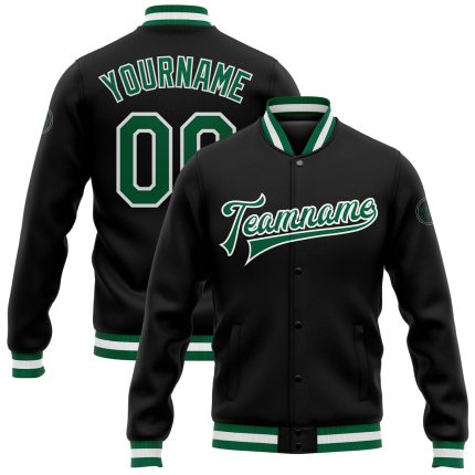 Custom Black Green White Varsity Letterman Jacket Bomber Full-Snap Custom Black Kelly Green-White Bomber Full-Snap Varsity