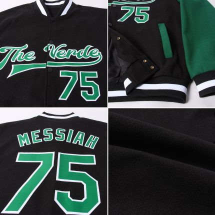 Custom Black Green White Two Tone Varsity Bomber Jacket Full-Snap Letterman Custom Black Kelly Green-White Bomber Full-Snap