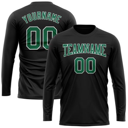 Custom Long Sleeve Performance T-Shirt in Black, Kelly Green, and White Custom Black Kelly Green-White Long Sleeve Performance