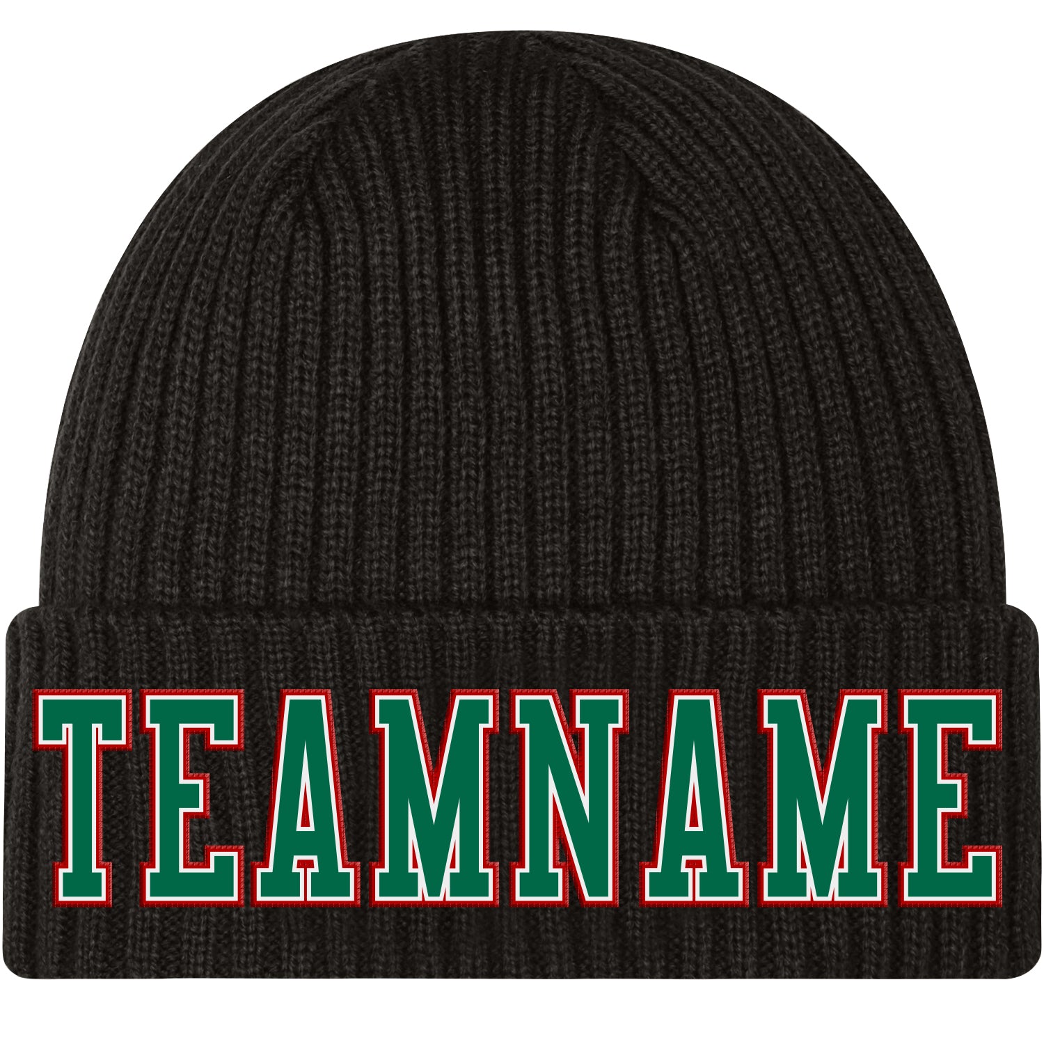 Custom Cuffed Knit Hat Black Kelly Green White Red Stitched - Warm Winter Beanie Custom Black Kelly Green White-Red Stitched