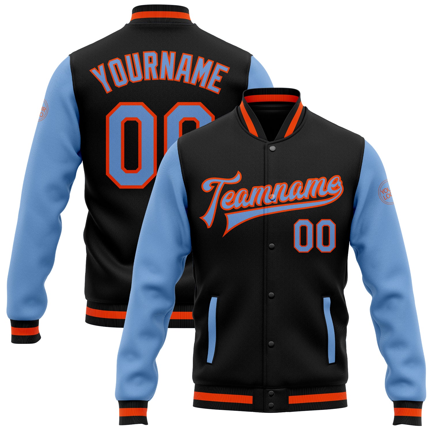 Custom Black Light Blue Orange Bomber Varsity Jacket Full-Snap Two Tone Letterman Custom Black Light Blue-Orange Bomber Full-Snap