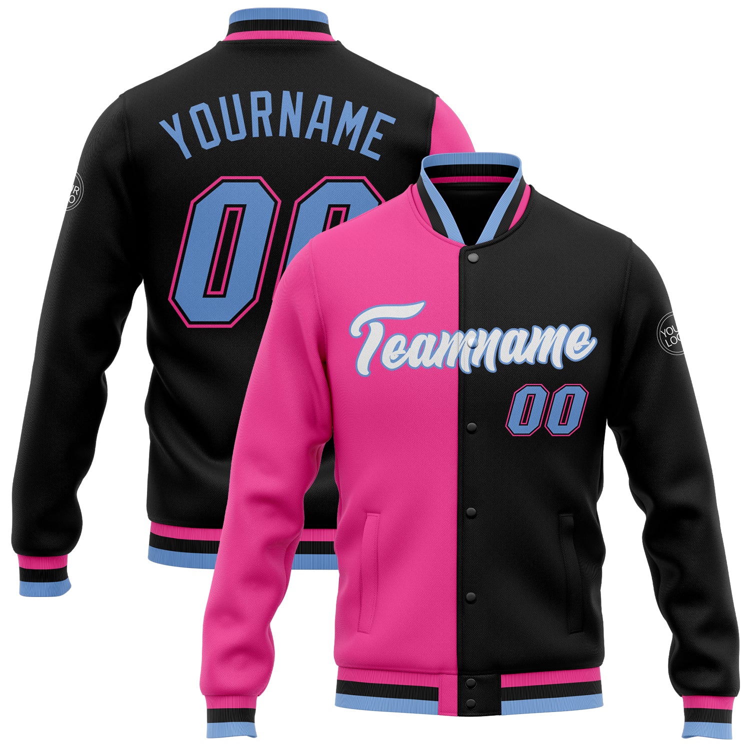Custom Black Light Blue Pink Bomber Varsity Letterman Jacket - Full-Snap Fashion Style Custom Black Light Blue-Pink Bomber