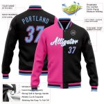 Custom Black Light Blue Pink Bomber Varsity Letterman Jacket - Full-Snap Fashion Style Custom Black Light Blue-Pink Bomber
