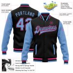 Custom Bomber Jacket Light Blue Pink Two Tone Varsity Full-Snap Letterman Design Custom Black Light Blue-Pink Bomber Full-Snap