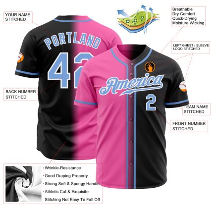 Custom Baseball Jersey Authentic Fade Light Blue Pink White Black Design Custom Black Light Blue Pink-White Authentic Fade