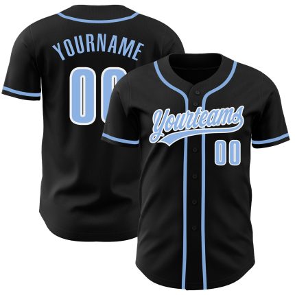 Custom black, light blue and white baseball jersey