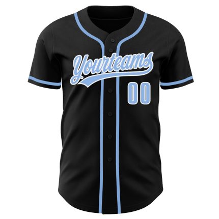 Custom black, light blue and white baseball jersey, back view