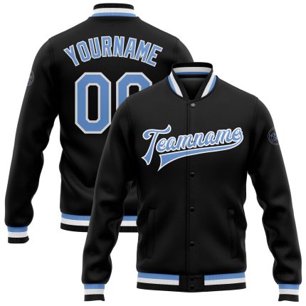 Custom Black Light Blue White Varsity Letterman Bomber Jacket Full-Snap Custom Black Light Blue-White Bomber Full-Snap Varsity