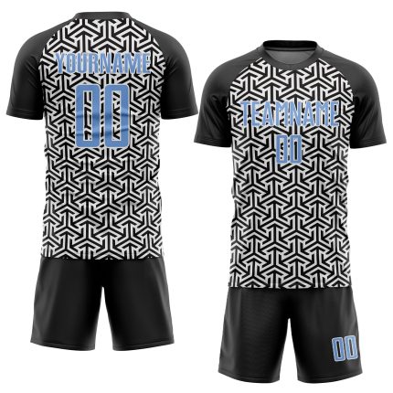 Custom Black Light Blue White Soccer Uniform Jersey - Sublimation Design Custom Black Light Blue-White Sublimation Soccer