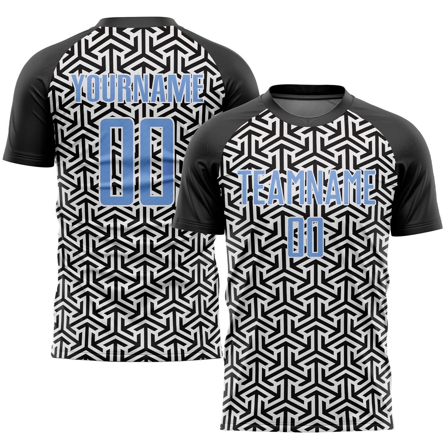 Custom Black Light Blue White Soccer Uniform Jersey - Sublimation Design Custom Black Light Blue-White Sublimation Soccer