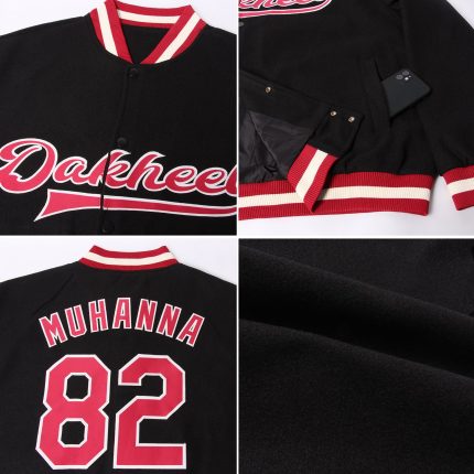 Custom Bomber Jacket Black Maroon Cream Full-Snap Varsity Letterman Custom Black Maroon-Cream Bomber Full-Snap Varsity Letterman