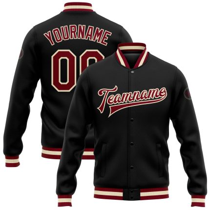 Custom Bomber Jacket Black Maroon Cream Full-Snap Varsity Letterman Custom Black Maroon-Cream Bomber Full-Snap Varsity Letterman