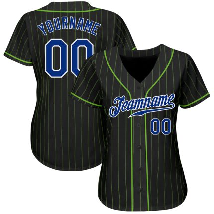 Custom Black Neon Green Pinstripe Baseball Jersey - Authentic Royal-White Style 9228 Custom Black Neon Green Pinstripe Royal-White
