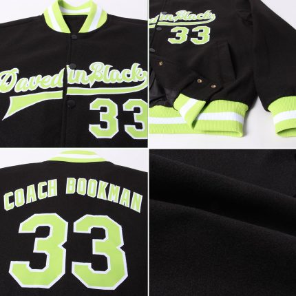 Custom Black Neon Green-White Varsity Letterman Bomber Jacket Full-Snap for Men Custom Black Neon Green-White Bomber Full-Snap
