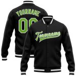 Custom Black Neon Green White Varsity Letterman Bomber Jacket Full-Snap Style 6137 Custom Black Neon Green-White Bomber Full-Snap