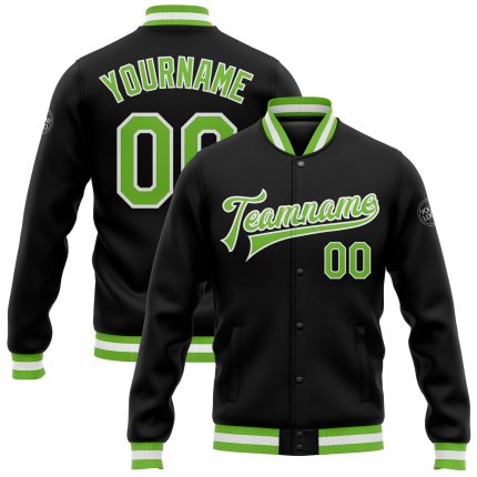 Custom Black Neon Green-White Varsity Letterman Bomber Jacket Full-Snap for Men Custom Black Neon Green-White Bomber Full-Snap