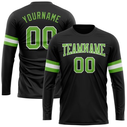 Black Neon Green Long Sleeve Performance T-Shirt - Customizable Athletic Shirt Custom Black Neon Green-White Long Sleeve