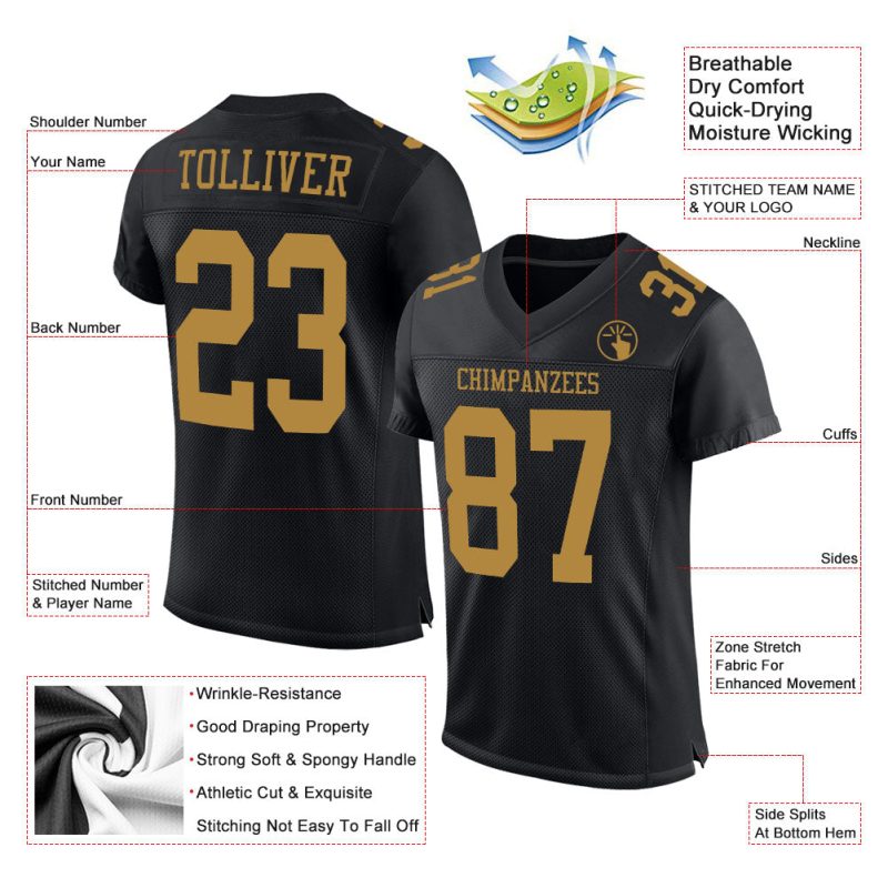 Custom Black Old Gold Mesh Authentic Football Jersey for Men and Women Custom Black Old Gold Mesh Authentic Football Jersey