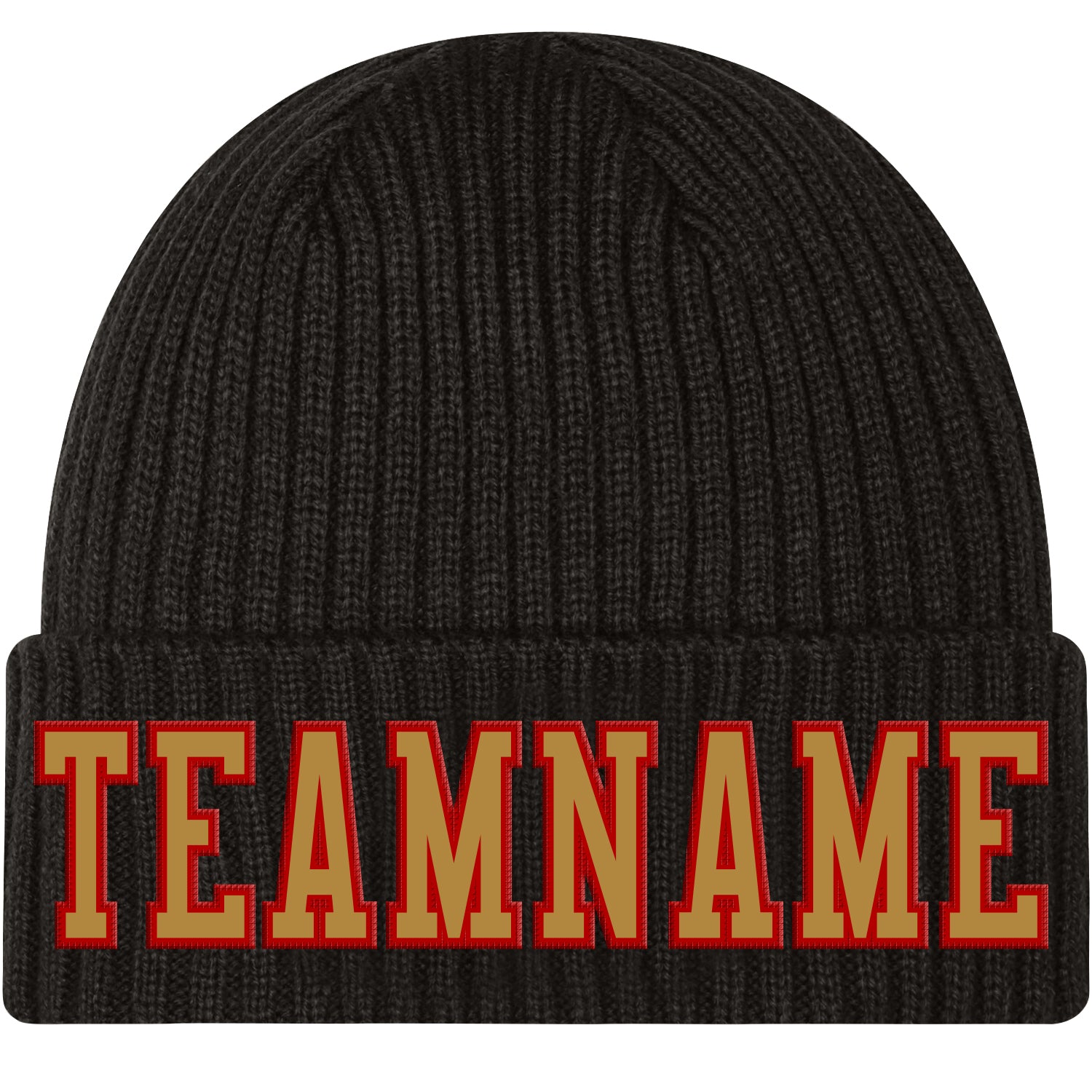 Custom Black Knit Hat with Old Gold-Red Stitching | Cuffed Style Custom Black Old Gold-Red Stitched Cuffed Knit Hat