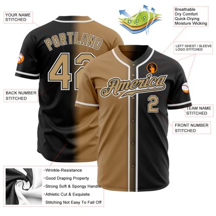 Custom Black Gold White Authentic Fade Baseball Jersey - Fashion Sportswear Custom Black Old Gold-White Authentic Fade Fashion