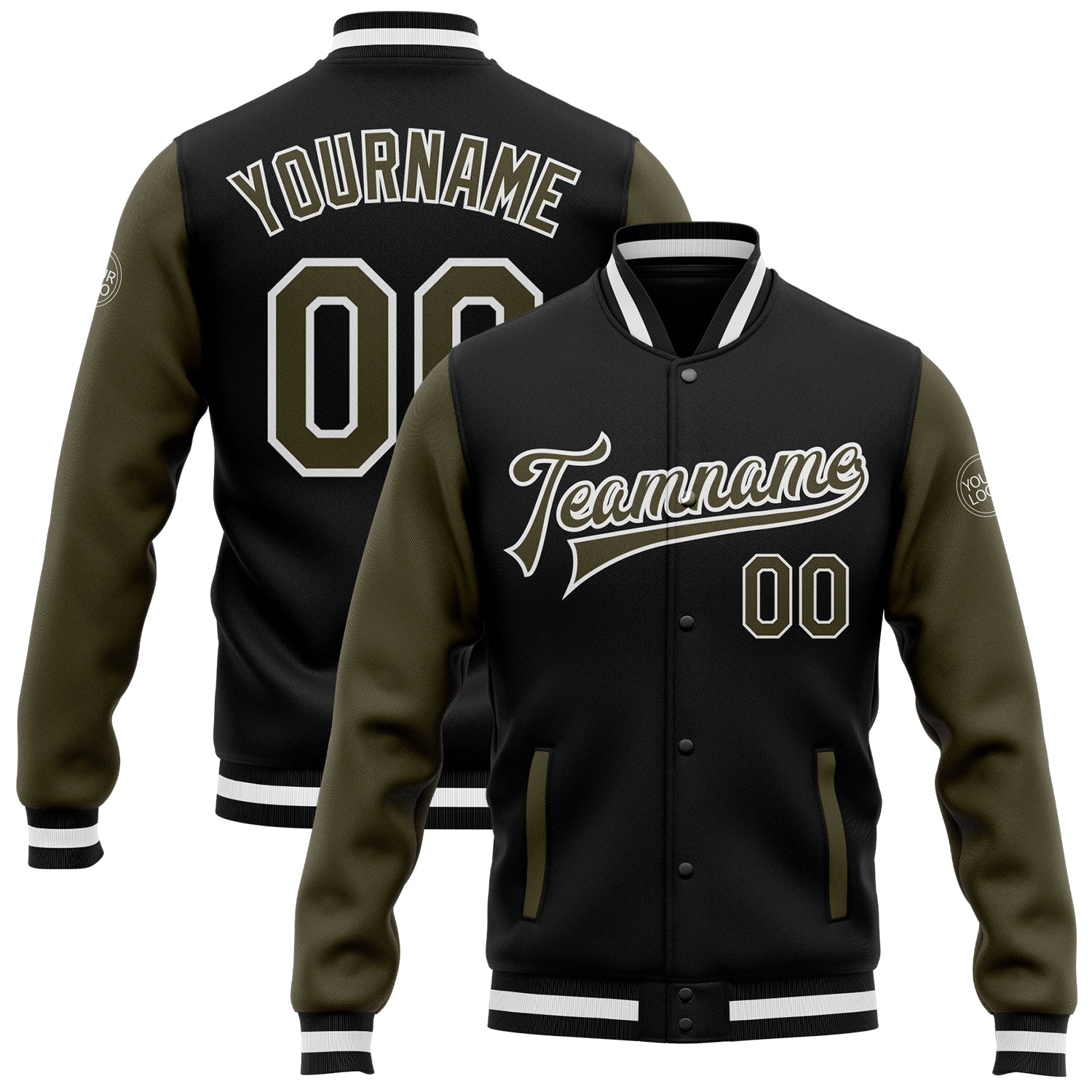 Custom Two Tone Bomber Varsity Letterman Jacket Black Olive White Full-Snap Custom Black Olive-White Bomber Full-Snap Varsity