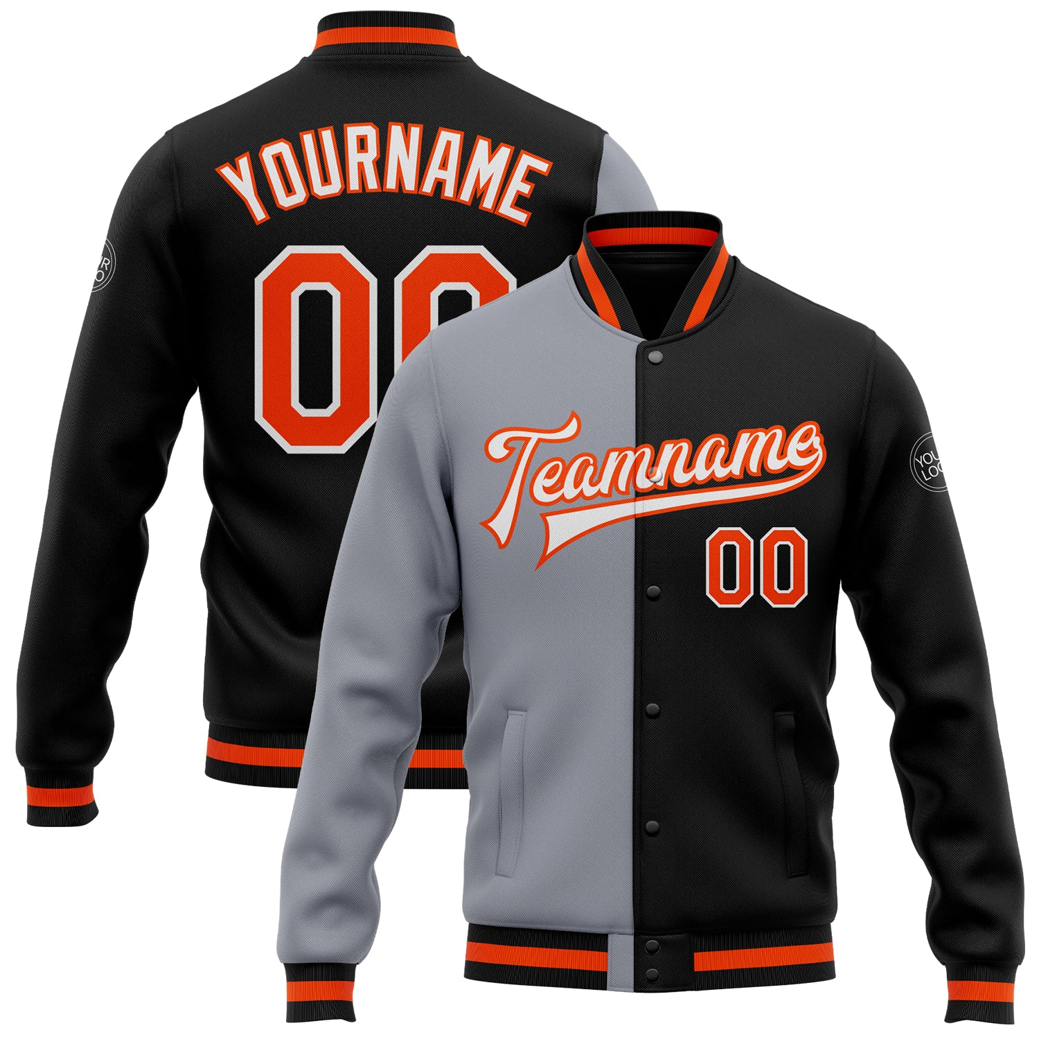 Custom Black Orange-Gray Bomber Full-Snap Varsity Letterman Split Fashion Jacket Custom Bomber Jacket Black Orange Gray Varsity Letterman Full-Snap Fashion Apparel Custom Black Orange-Gray Bomber Full-Snap