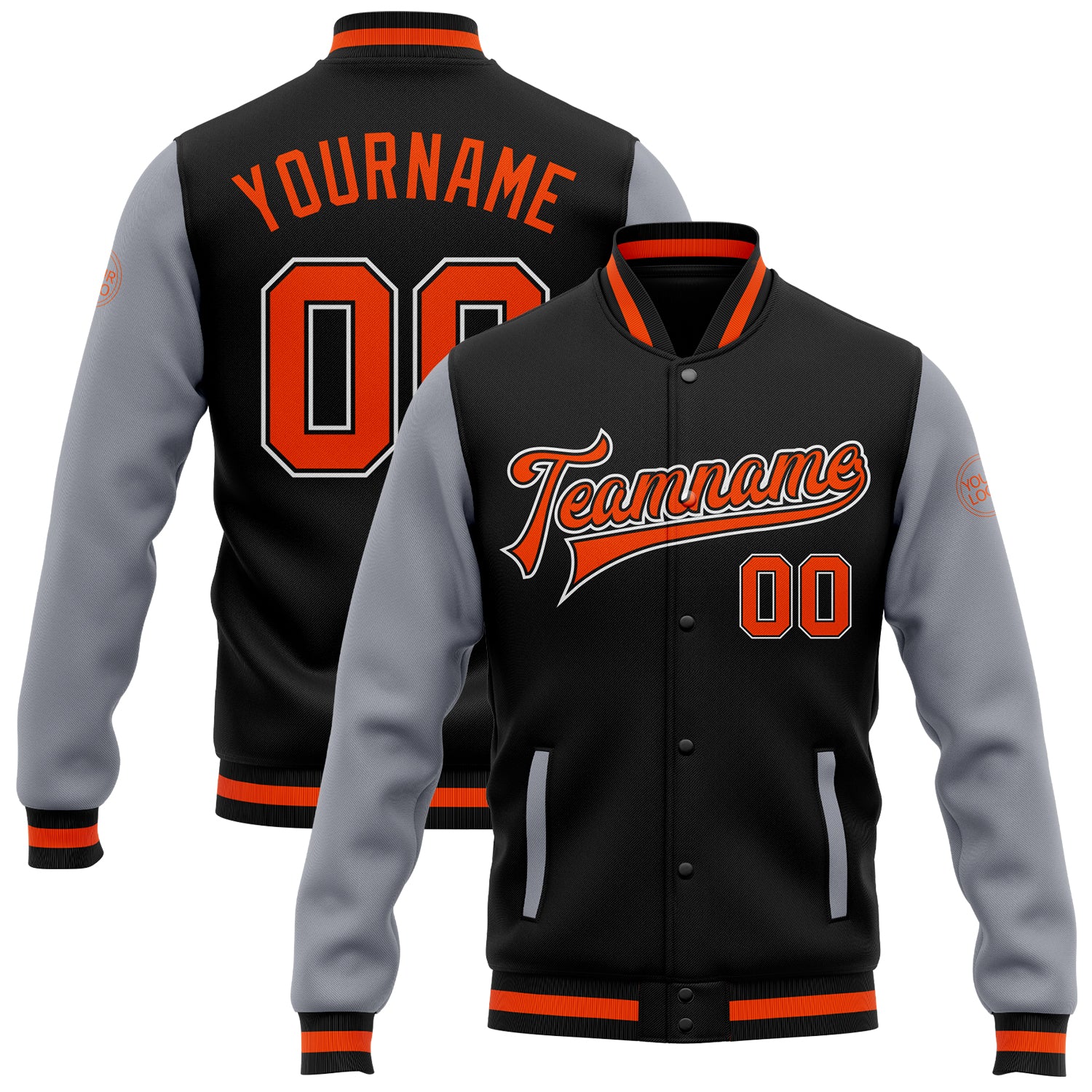 Custom Black Orange Gray Varsity Letterman Bomber Two Tone Full-Snap Jacket Custom Black Orange-Gray Bomber Full-Snap Varsity
