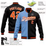 Custom Bomber Jacket Black Orange Light Blue Varsity Letterman Full-Snap Style Custom Black Orange-Light Blue Bomber Full-Snap