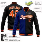 Custom Bomber Jacket Black Orange-Royal Varsity Full-Snap Letterman Fashion Split Custom Black Orange-Royal Bomber Full-Snap