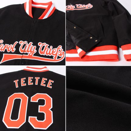 Custom Bomber Jacket Black Orange White Full-Snap Varsity Letterman Custom Black Orange-White Bomber Full-Snap Varsity Letterman