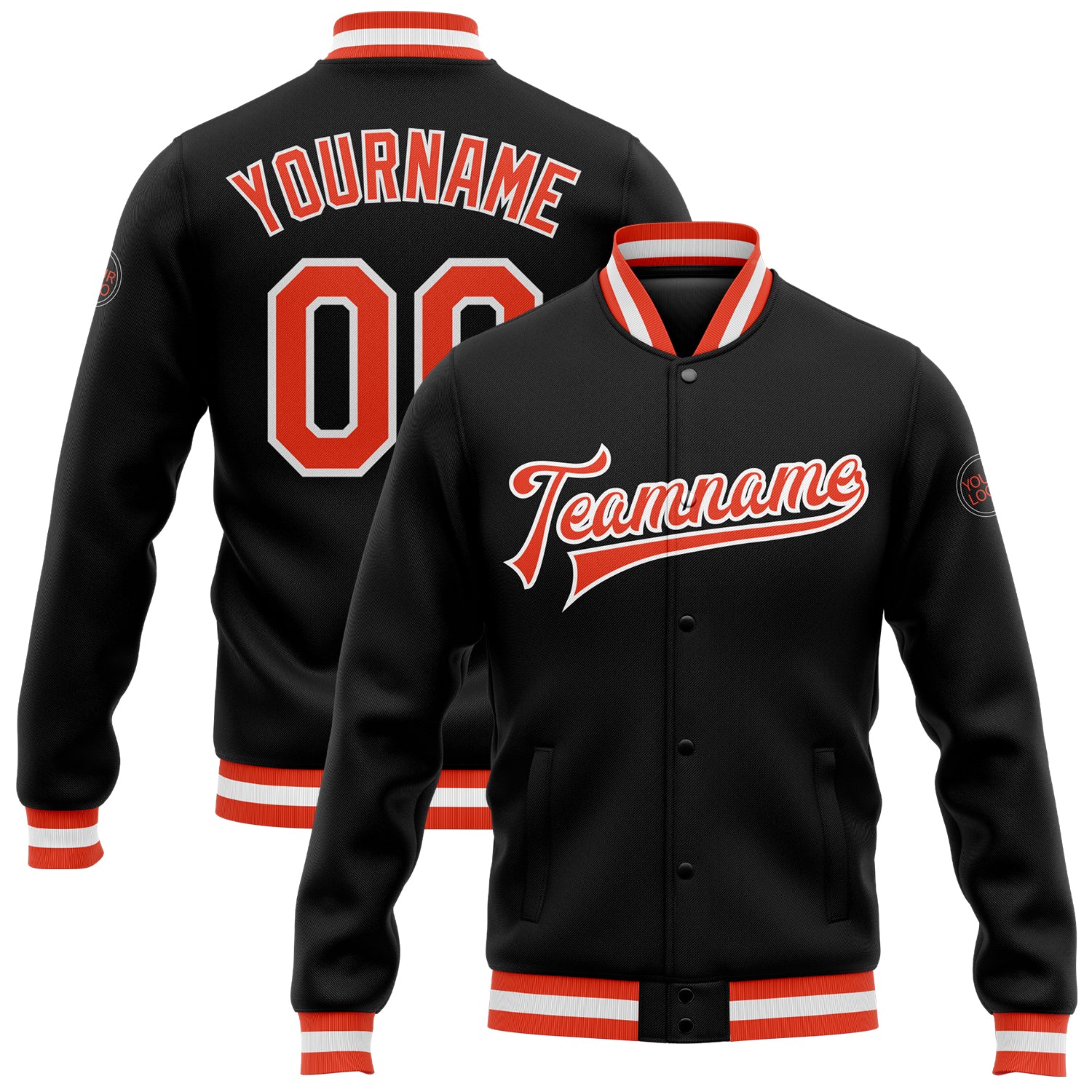 Custom Bomber Jacket Black Orange White Full-Snap Varsity Letterman Custom Black Orange-White Bomber Full-Snap Varsity Letterman