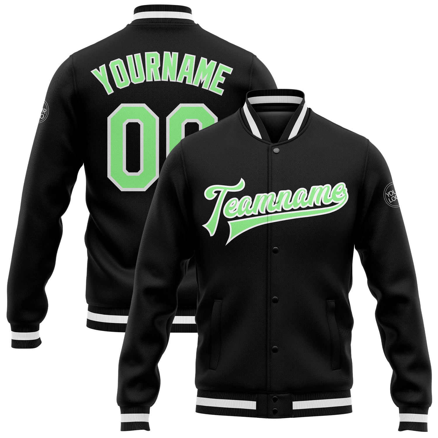 Custom Black Pea Green-White Bomber Full-Snap Varsity Letterman Jacket Custom Black Varsity Letterman Jacket Green White Bomber Full-Snap Custom Black Pea Green-White Bomber Full-Snap Varsity