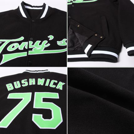 Custom Black Varsity Letterman Jacket Green White Bomber Full-Snap Custom Black Pea Green-White Bomber Full-Snap Varsity