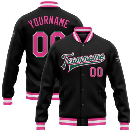 Custom Black Pink Kelly Green Varsity Letterman Bomber Jacket - Full-Snap Style Custom Black Pink-Kelly Green Bomber Full-Snap