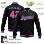 Custom Black Pink-Light Blue Varsity Letterman Bomber Jacket - Full-Snap Design Custom Black Pink-Light Blue Bomber Full-Snap
