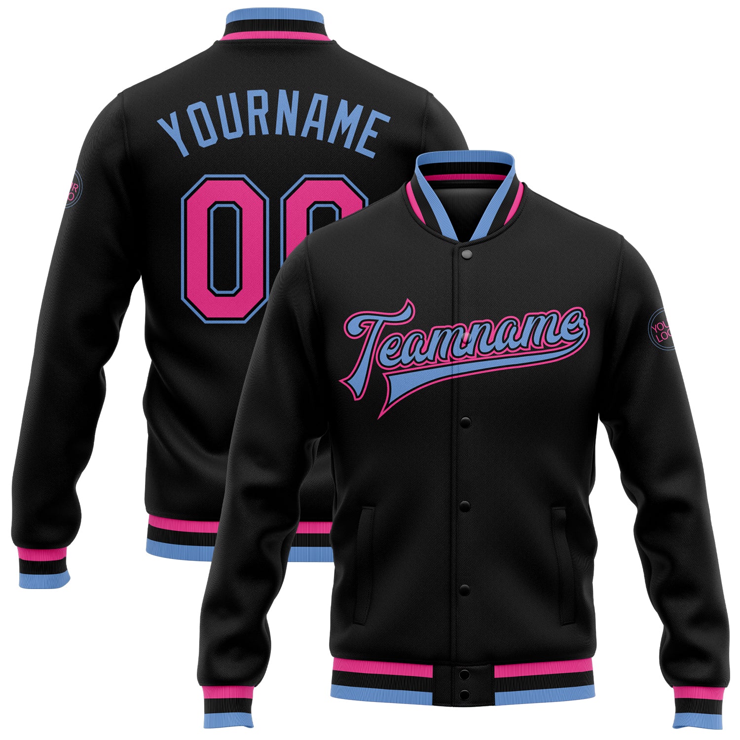Custom Black Pink-Light Blue Varsity Letterman Bomber Jacket - Full-Snap Design Custom Black Pink-Light Blue Bomber Full-Snap