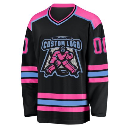 Custom black, pink and light blue hockey jersey, back view