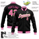 Black Pink Neon Green Custom Varsity Letterman Bomber Full-Snap Jacket Custom Black Pink-Neon Green Bomber Full-Snap Varsity