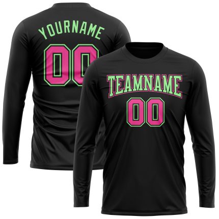 Custom Performance T-Shirt Long Sleeve in Black and Pink-Pea Green for Active Wear Custom Black Pink-Pea Green Long Sleeve